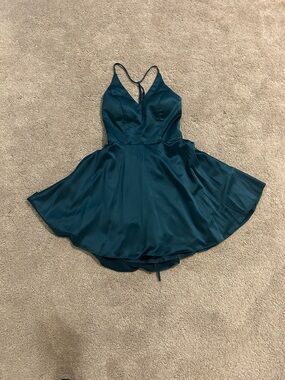 B Darlin Teal Satin Spaghetti Strap Mini Dress
